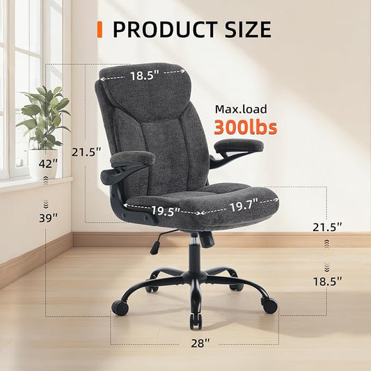 Home Office Ergonomic Desk Chair - Comfy Fabric Executive Chair with Flip-Up Armrests, Height Adjustable Computer Chair for Gaming, 360° Swivel & Rocking (Grey)