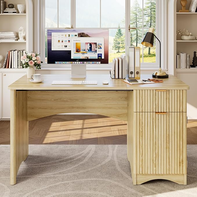 Bestier 47 inch Fluted Computer Desk with Drawer, Office Desk with File Cabinet, Modern Wood Desk with Storage Cabinet for Home Office Bedroom Study, Natural Oak