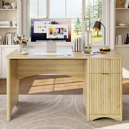 Bestier 47 inch Fluted Computer Desk with Drawer, Office Desk with File Cabinet, Modern Wood Desk with Storage Cabinet for Home Office Bedroom Study, Natural Oak