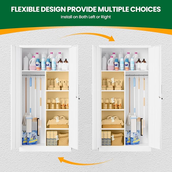 72" H Metal Garage Storage Cabinets, Lockable Broom Closet Cabinet with Hanging Rod & Doors, 5-Tier Steel Utility Cabinets for Garage, Laundry Room, Warehouse Storage, White