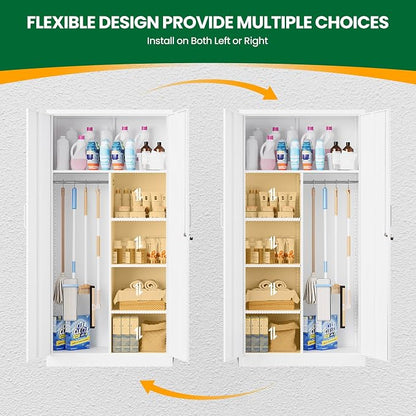 72" H Metal Garage Storage Cabinets, Lockable Broom Closet Cabinet with Hanging Rod & Doors, 5-Tier Steel Utility Cabinets for Garage, Laundry Room, Warehouse Storage, White