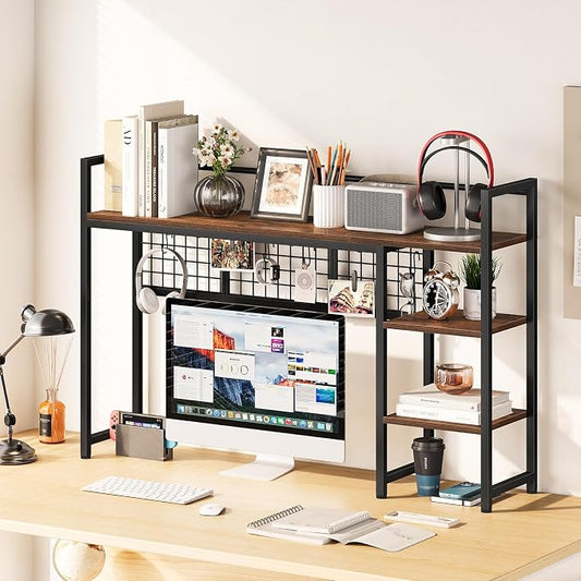 Snughome Desk Shelf, 44.9" Desktop Organizer Shelf, Desk Hutch for Computer Monitor, 4 Tier Desk Display Rack with Pegboard Hooks Set, Wood Desktop Bookshelf for Home Office Dorm