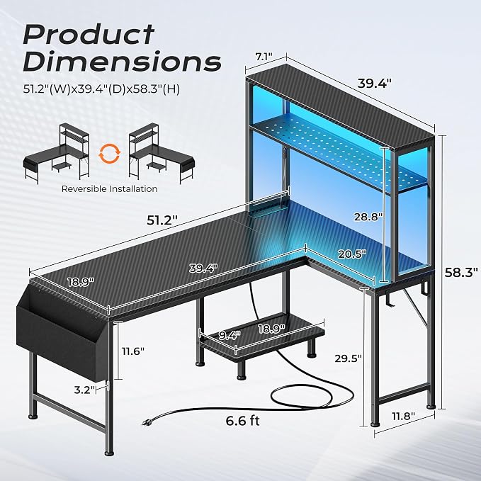 PRAISUN L Shaped Gaming Desk with LED Lights & Power Outlets, Reversible Computer Desk with Storage Shelves & Bag, Large Corner Home Office Desk with Pegboard for Work from Home, Carbon Fiber Black