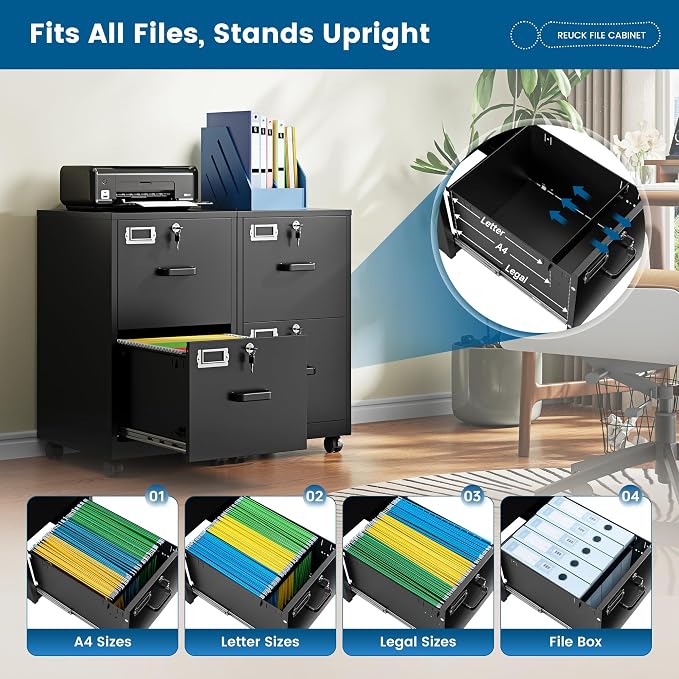 PEUKC 2 Drawers Mobile File Cabinet with Lock, Under Desk Rolling File Cabinet for Home Office, Organizes Letter Legal A4 Files, Black(Assembly Required)