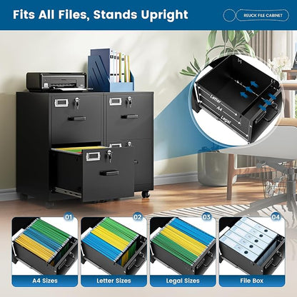 PEUKC 2 Drawers Mobile File Cabinet with Lock, Under Desk Rolling File Cabinet for Home Office, Organizes Letter Legal A4 Files, Black(Assembly Required)