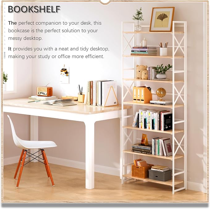4NM 7 Tiers No Assembly Book Shelves, 72.4" H Folding Bookshelf Bookcase Open Industrial Foldable Shelves for Bedroom, Living Room, Home Office - Natural White