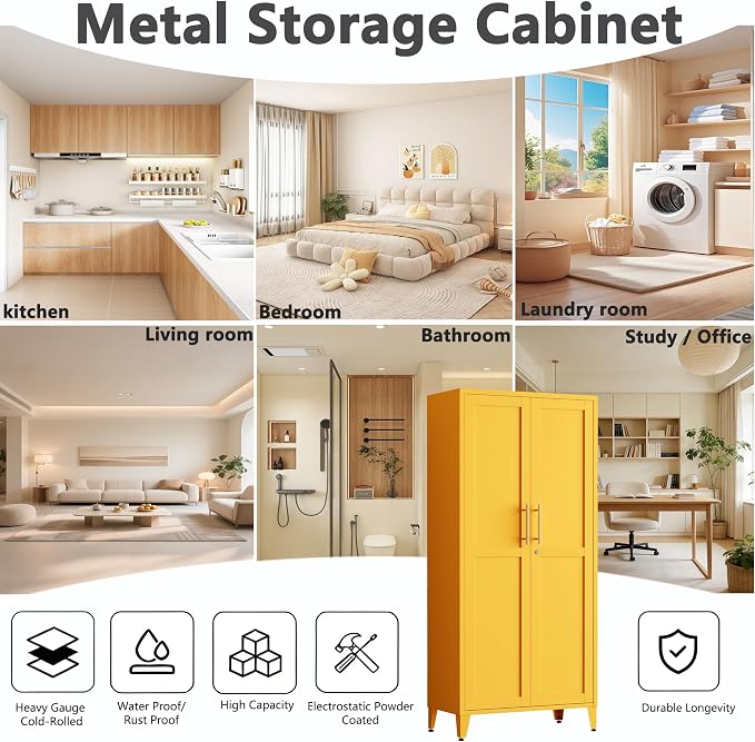 Metal Storage Cabinet with Lock,Yellow Steel Tool Cabinet with 3 Adjustable Shelves,61 Tall Freestanding Heavy Duty Garage Locker for Home Office Kitchen 61" H X 27.6" W X 13.8" D