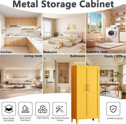 Metal Storage Cabinet with Lock,Yellow Steel Tool Cabinet with 3 Adjustable Shelves,61 Tall Freestanding Heavy Duty Garage Locker for Home Office Kitchen 61" H X 27.6" W X 13.8" D