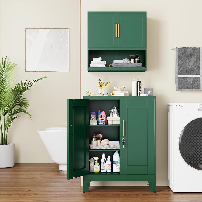 GAIOUS Green Metal File Cabinet with Lock(Two Units), Steel Storage Cabient | with 2 Doors and 2 Adjustable Shelves, Multifunctional Locked Cabinet for Home/Office/Garage/Tool Room, Accent Furniture