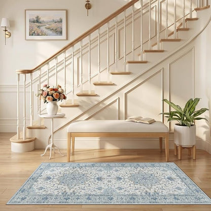 RELEANY Area Rugs Runner 2'6"x5' Washable Non-Slip, Floral Vintage Distress Medallion Carpet for Kitchen Hallway Bedroom Beside Laundry Room Bathroom, Light Blue Navy Gray White