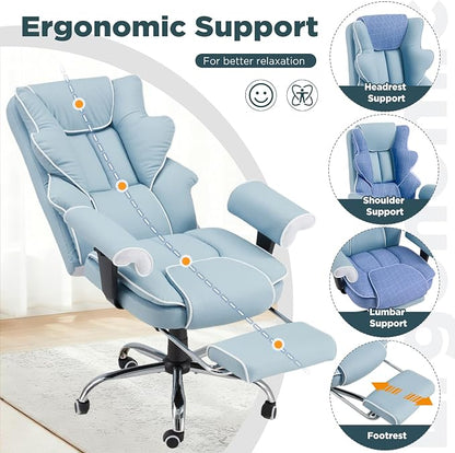 HOMREST Ergonomic Executive Office Chair with 6-Point Vibration & Heat - Reclining Managerial Chair with Adjustable Footrest and Armrests,Big and Tall Leather Home Office Desk Chairs(Airy Blue)