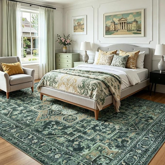 Lofus 8x10 Washable Rugs Non-Slip, Vintage Floral Area Rug for Living Room Bedroom Dining Room Kitchen, Low Pile Distress Print Carpet Home Decor Rug, Octagram Medallion Green