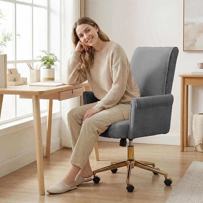 Striped Velvet Office Chair, 360° Swivel Ergonomic Task Chair with High Back, Gold Base and Wheels, Height Adjustable Modern Accent Chair for Home Office, Living Room, Study, Vanity Room (Gray)