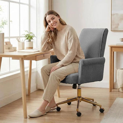 Striped Velvet Office Chair, 360° Swivel Ergonomic Task Chair with High Back, Gold Base and Wheels, Height Adjustable Modern Accent Chair for Home Office, Living Room, Study, Vanity Room (Gray)
