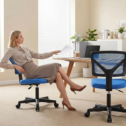 OLIXIS Armless Office Chair, Ergonomic Desk Chair with Wheels, Mesh Back, Removable Washable Foam Cushion, Height Adjustable Rolling Swivel Chairs for Small Space, Home, Office, Blue