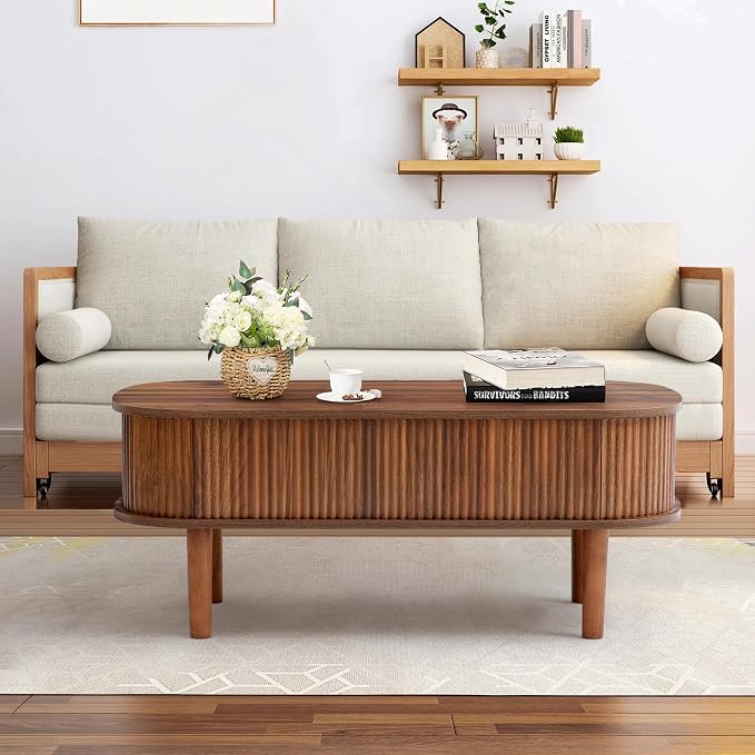 Fully Assembled Fluted Lift Top Coffee Table with Hidden Compartment, Wooden Center Table, Modern Oval Lift Tabletop for Home Living Room Office, Walnut