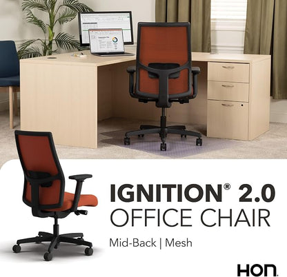 HON Ignition 2.0 Mid‑Back Ergonomic Office Chair, Mesh Task Seating with Lumbar Support, Advanced Synchro‑Tilt, Height and Width Adjustable Arms, Black Frame, Salamander