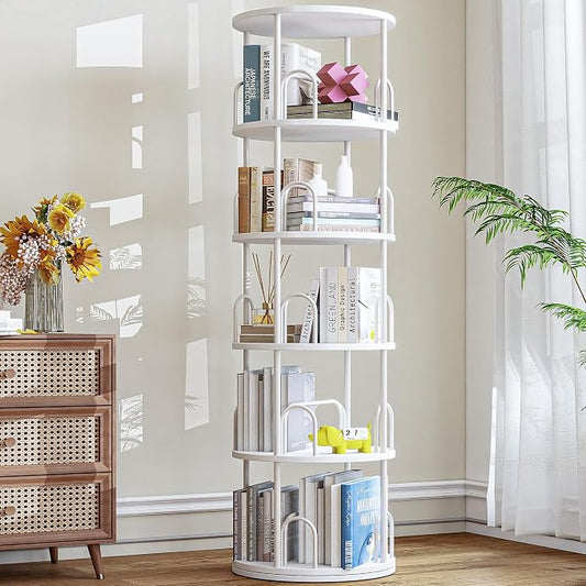 5 Tier Rotating Bookshelf, Corner Wooden, Metal Skinny Bookshelf for Toy Lego Dispaly Book Shelf Room Storage Organizer Furniture White Tall Bookcase for Bedroom Living Room Office Kitchen Shelf
