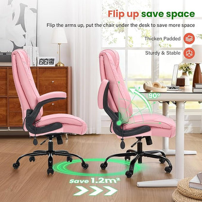 500lbs Big and Tall Office Chair with Inflatable Lumbar Support, Rubber Wheels Executive Chair with Rocking Function, High Back Wide Cushion Leather Ergonomic Computer Desk Chair for All-Day Sitting
