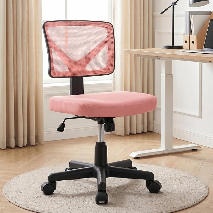 OLIXIS Armless Office Chair, Ergonomic Desk Chair with Wheels, Mesh Back, Removable Washable Foam Cushion, Height Adjustable Rolling Swivel Chairs for Small Space, Home, Office, Pink