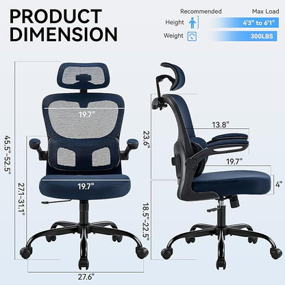 AreShark Office Chair Ergonomic Desk Chairs with Adjustable Lumbar Support& Headrest Hanger, High Back Breathable Mesh Chair with Wheels, Rolling Swivel Comfy Task Computer Chair for Home Work Gaming