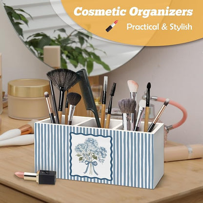 Blue Hydrangea Floral Pen Holder Organizer for Desk Accessories, Floral Office Decor, Blue Striped Cottagecore Botanical Hydrangea Flower Wooden Box Sign Desk Decorations for Home Office Decor