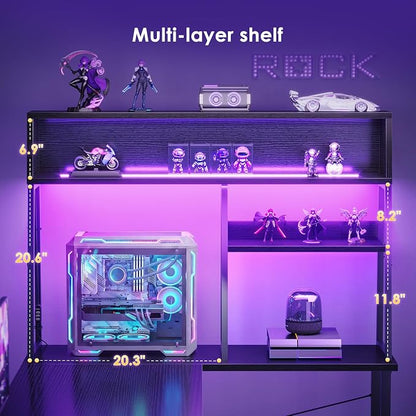 AODK L Shaped Gaming Desk with Led Lights, 51 Inch Reversible Gaming Computer Desk with Display Shelves, PC Gamer Desk Gamer Table with Storage Bag, L Desk for Game, Black