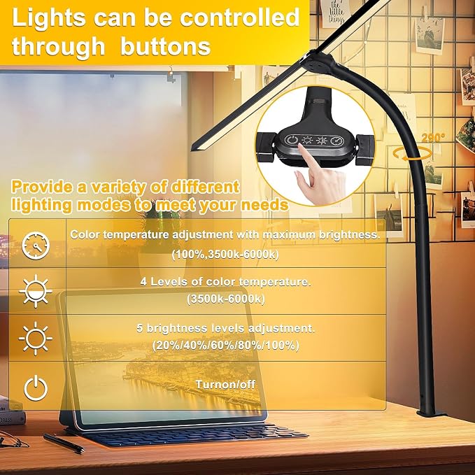 Double Head LED Desk Lamp for Office - Eye Caring Lamp with Clamp, Flexible Adjustable Lighting Gooseneck Desk Light, 4 Color Modes & 5 Brightness Levels for Monitor Workbench Study Reading