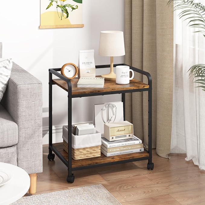 21"x15.8" Large Printer Stand with Storage, 2-Tier Under Desk Printer Table, Rolling Printer Cart with Lockable Wheels for Home, Office (Brown)