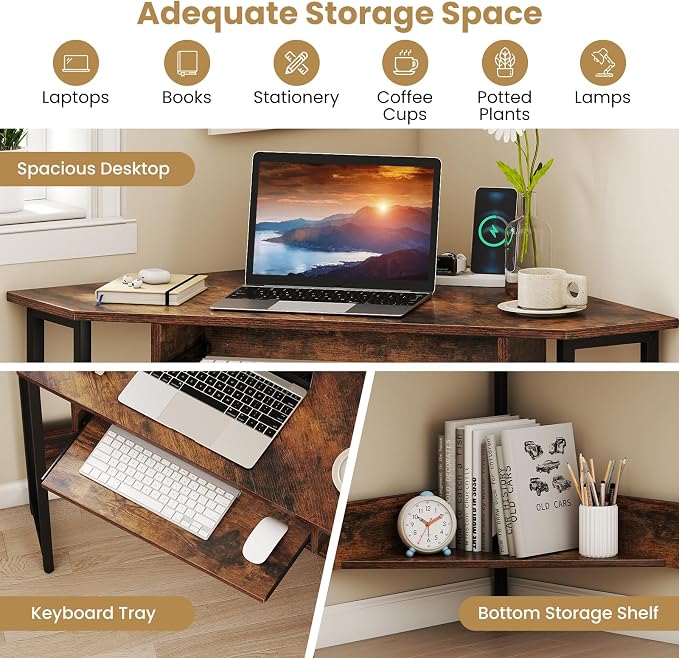Giantex Small Corner Desk with Charging Station, Triangle Computer Desk with Keyboard Tray & Storage Shelf, Metal Corner Writing Desk for Bedroom, Small Space, Home Office, Black & Rustic Brown