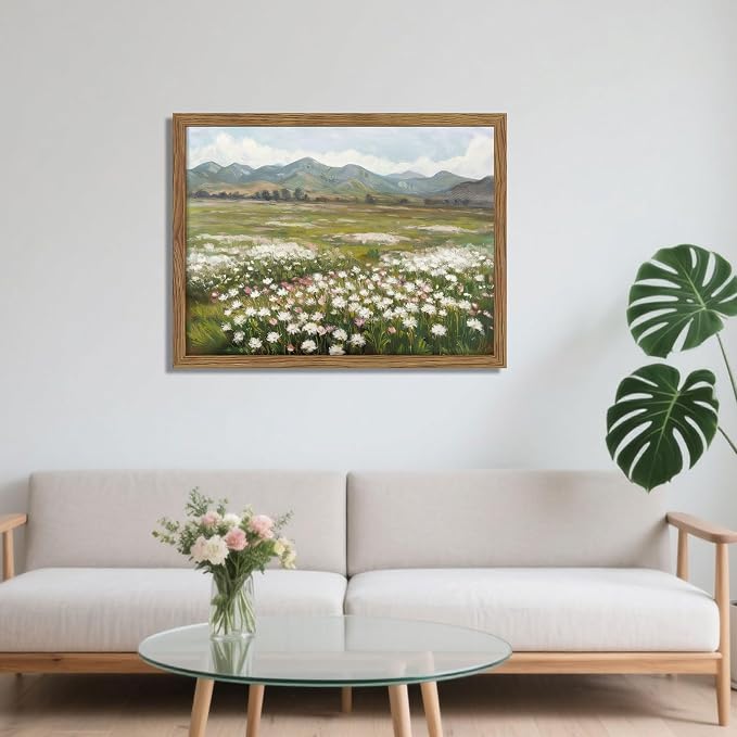 Framed Farmhouse Landscape Wall Art, Modern Country Flower Wall Decor, Vintage Wildflowers Mountain Canvas, Farm House Nature Pictures Print Artwork for Bedroom Living Room – 12x16 inch
