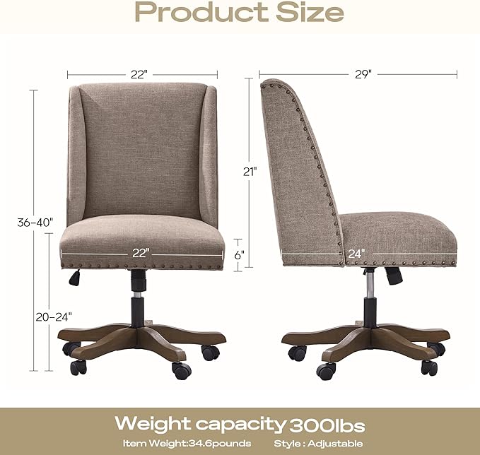 Zihanhome Upholstered Armless Office Chair with Wooden Legs, Modern Adjustable Home Office Desk Chair Computer Chair Swivel Chair for Home Office Study Studio (Brown)