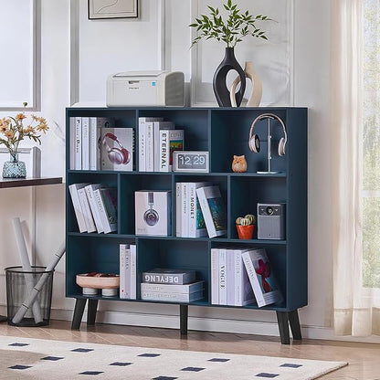LEYAOYAO 10 Cube Bookshelf,3 Tier Modern Wide Bookcase with Legs,Mid-Century Wood Bookshelves Storage,Dark Blue Large Book Case,Freestanding Organizer Display Shelf for Bedroom,Living Room,Office