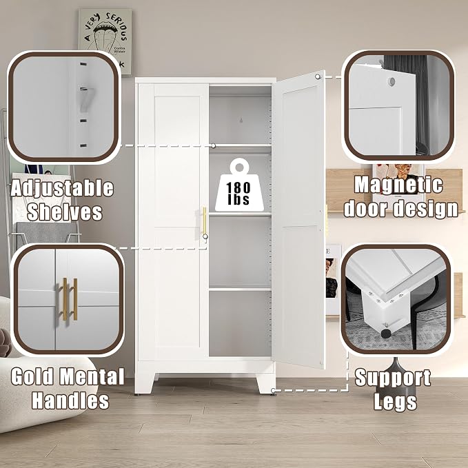 winiowa White Metal Pantry Cabinet with 2 Doors and Adjustable Shelves, 61" Kitchen Storage cabinets with Gold Handles, Versatile Storage for Laundry/Living/Dinning Room, Bathroom,Utility Room