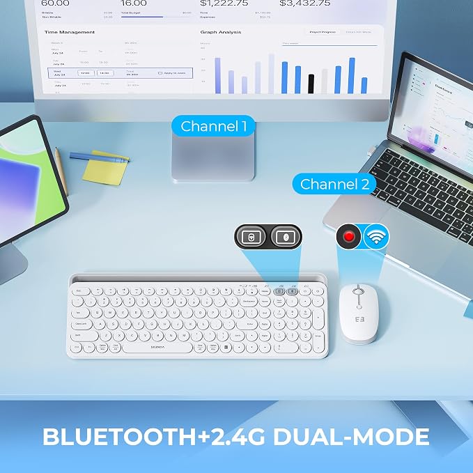 seenda Bluetooth Keyboard and Mouse for iPad, CTU-301 Wireless Multi-Device Connection Bluetooth+2.4G Keyboard Mouse Combo with Tablet Holder for iPad/MacBook/Windows, iOS/Android/Phone, White