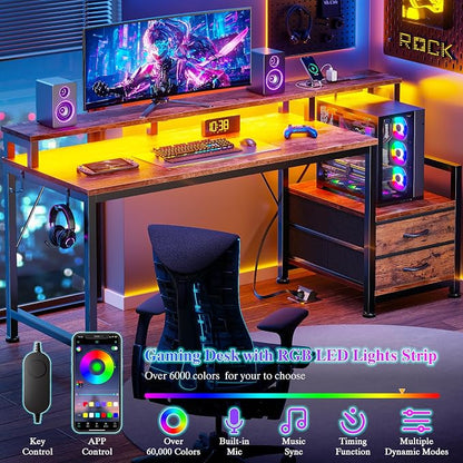 Furologee 55" Gaming Desk with LED Lights & USB-C Port, Reversible Computer Desk with Monitor Stand, Storage Shelves & 2 Fabric Drawers, Home Office Desk with Power Outlets & Hooks, Rustic Brown