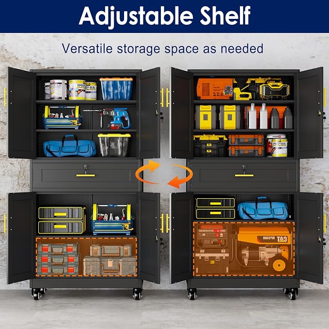 erosoei 75" H Metal Garage Storage Cabinet, Rolling Tool Cabinet with 2 Doors and Wheels, Locker Steel Cabinet with 4 Adjustable Shelves and Drawer, Organization Cabinet for Garage,Office,Home,Gym