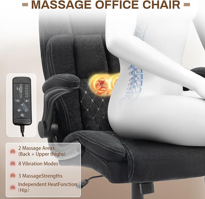 Massage Office Chair, 500LBS Ergonomic Rocking Executive Desk Chairs with 4 Points Vibration&Heat,Padded Flip-up Armrests for Big and Tall Office Chair,Swivel Computer Chair Thicken Back,Fabric Black