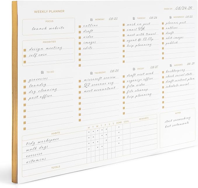 BLU MONACO | Undated Weekly Planner Notepad | Gold Edge Desk Pad 8.5 x 11 with Tear Off Sheets | Weekly Planner with To Do List for Work Desk Organization