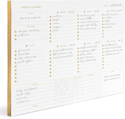 BLU MONACO | Undated Weekly Planner Notepad | Gold Edge Desk Pad 8.5 x 11 with Tear Off Sheets | Weekly Planner with To Do List for Work Desk Organization