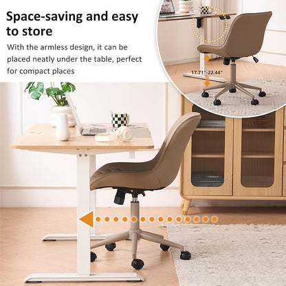 YOUNIKE Faux Leather Ergonomic Office Chair Armless Comfy Desk Chair with Rocking Back Cute Swivel Vanity Chair with Wheels Height Adjustable Small Computer Task Chair for Sewing Drafting Khaki