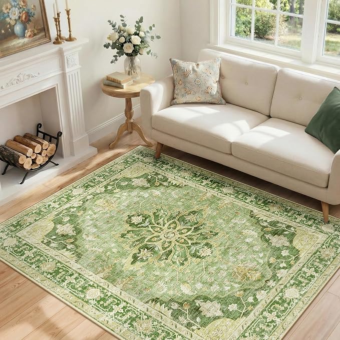 RELEANY Area Rugs 4'x5' Washable Non-Slip, Floral Vintage Distress Medallion Carpet for Living Room Bedroom Dining Room, Sage Green Yellow