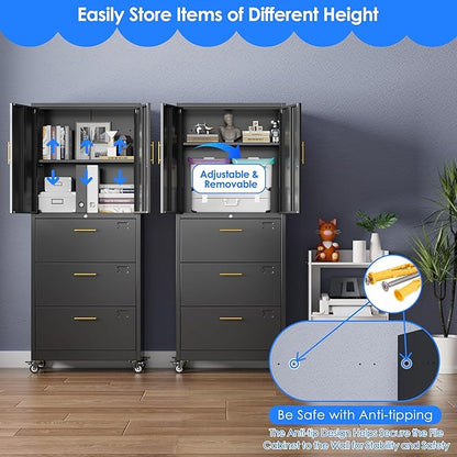 METAN Metal Storage Cabinet with 3 Drawers and 2 Doors, Lockable Rolling File Organizer on Wheels for Home Office, for Letter/Legal Size,Black, Assembly Required