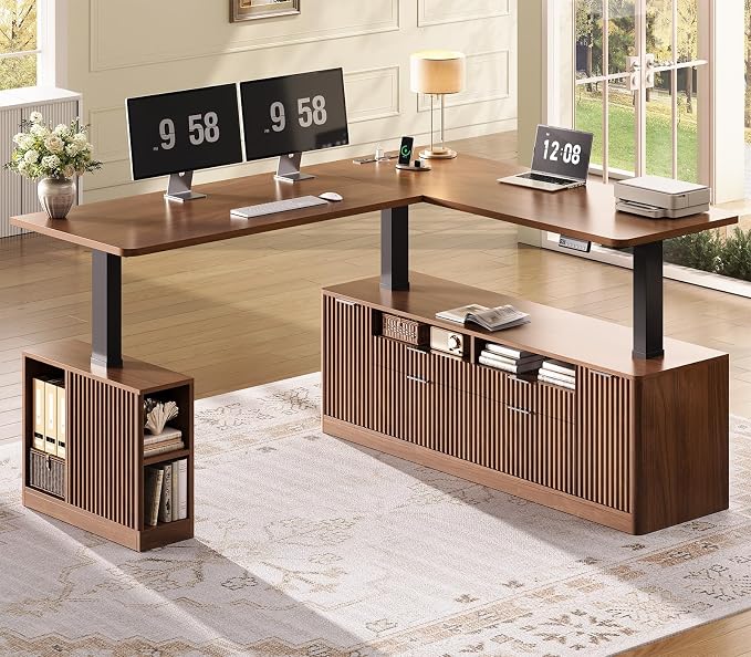 SEDETA L Shaped Electric Standing Desk, 69" x 55" Height Adjustable Office Executive Desk with 4 Drawers and Storage Shelves, Fluted Sit Stand Computer Desk with Power Outlet, Brown