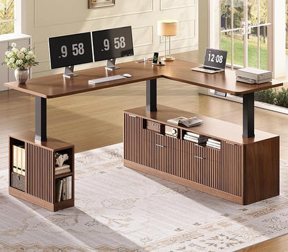 SEDETA L Shaped Electric Standing Desk, 69" x 55" Height Adjustable Office Executive Desk with 4 Drawers and Storage Shelves, Fluted Sit Stand Computer Desk with Power Outlet, Brown