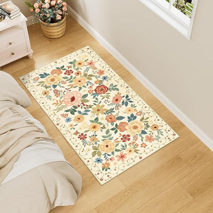 DUKINO 2x4 Rug for Entryway, Washable Kitchen Floral Runner Rug with Non Slip Backing, Low Pile Soft Boho Carpet for Kitchen, Hallway, Entryway, Laundry, Bedroom, Beige Yellow