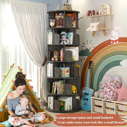 Besiost Rotating Bookshelf Tower, 6 Tier Spinning Bookcase, Revolving 360 Book Shelf Narrow Tall Bookcase, Vertical Turning Round Bookshelf Organizer, Wood Corner Bookshelf for Small Space, Black Oak