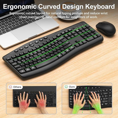 Wireless Keyboard and Mouse Combo, 2.4G Full Size Quiet Ergonomic Curved Keyboard for Natural Typing, 3-Level DPI Adjustable Silent Mouse for Windows, Mac OS, Desktop/Laptop/Office and Home (Black)