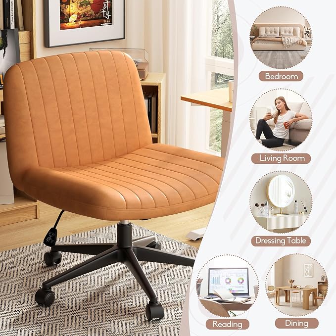 SUNLEI Cross Legged Office Chair with Wheels, Armless Wide Chair's for Vanity Desk, Criss Cross Comfy Chairs with Back, Desk Chair/s of Height Adjustable Swivel, Orange & Leather