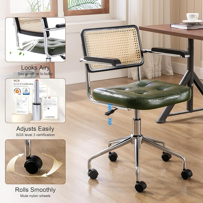 Zesthouse Modern Home Office Chair Leather Desk Chair with Rattan Back, Vanity Chair for Girls Women, Upholstered Tufted Swivel Armchair for Bedroom, Height Adjustable Computer Task Chair